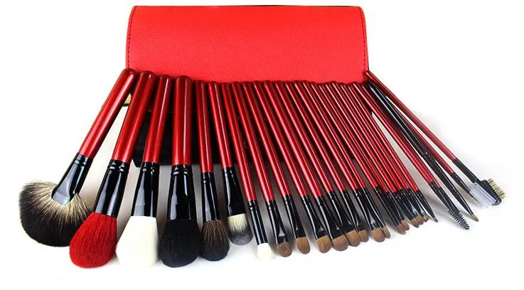 China Supplier Professional 25PCS Makeup Brush Set Red Handle with Leather-Like Brush Pouch