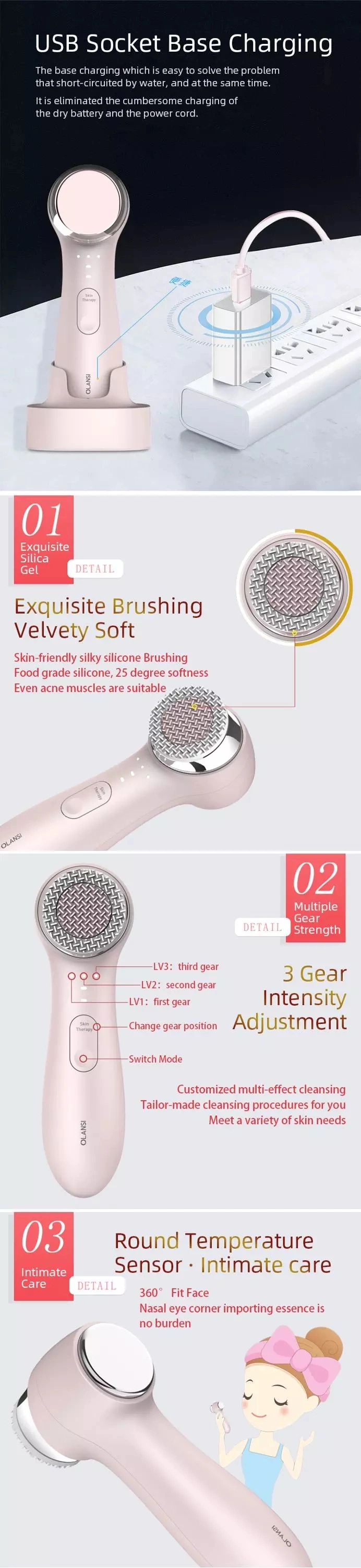Olansi Beauty Skin Care Ultrasonic Facial Silicone Face Cleaning Brush for The Face