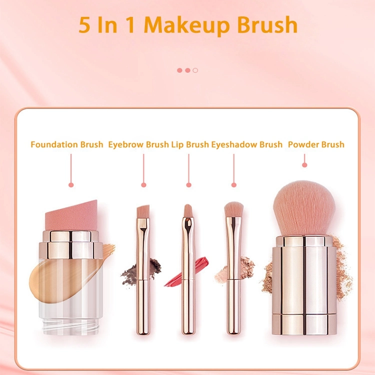 2021 New Styles Mini 5 in 1 Powder Makeup Brush Double Ended Multifunction Retractable Pink Rose Gold Makeup Brush Set